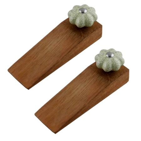 2 Pieces Washed Green Crackle Ceramic Melon Wooden Door Stopper